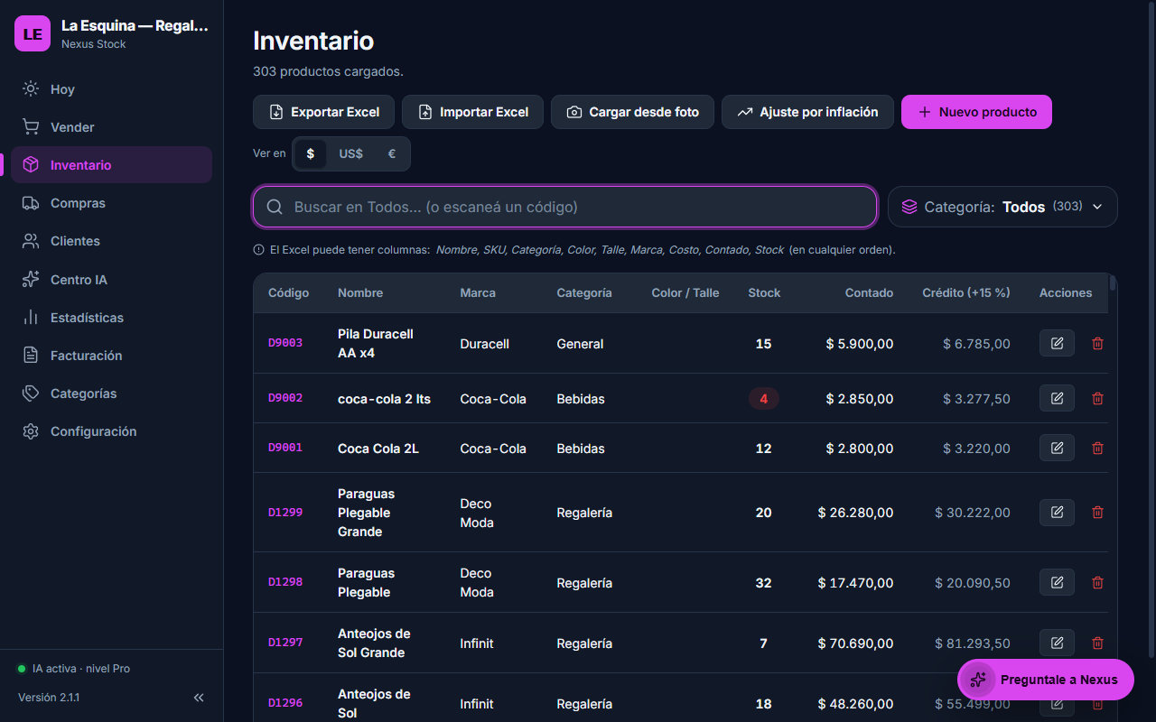 Nexus Stock 2: pantalla de Inventario